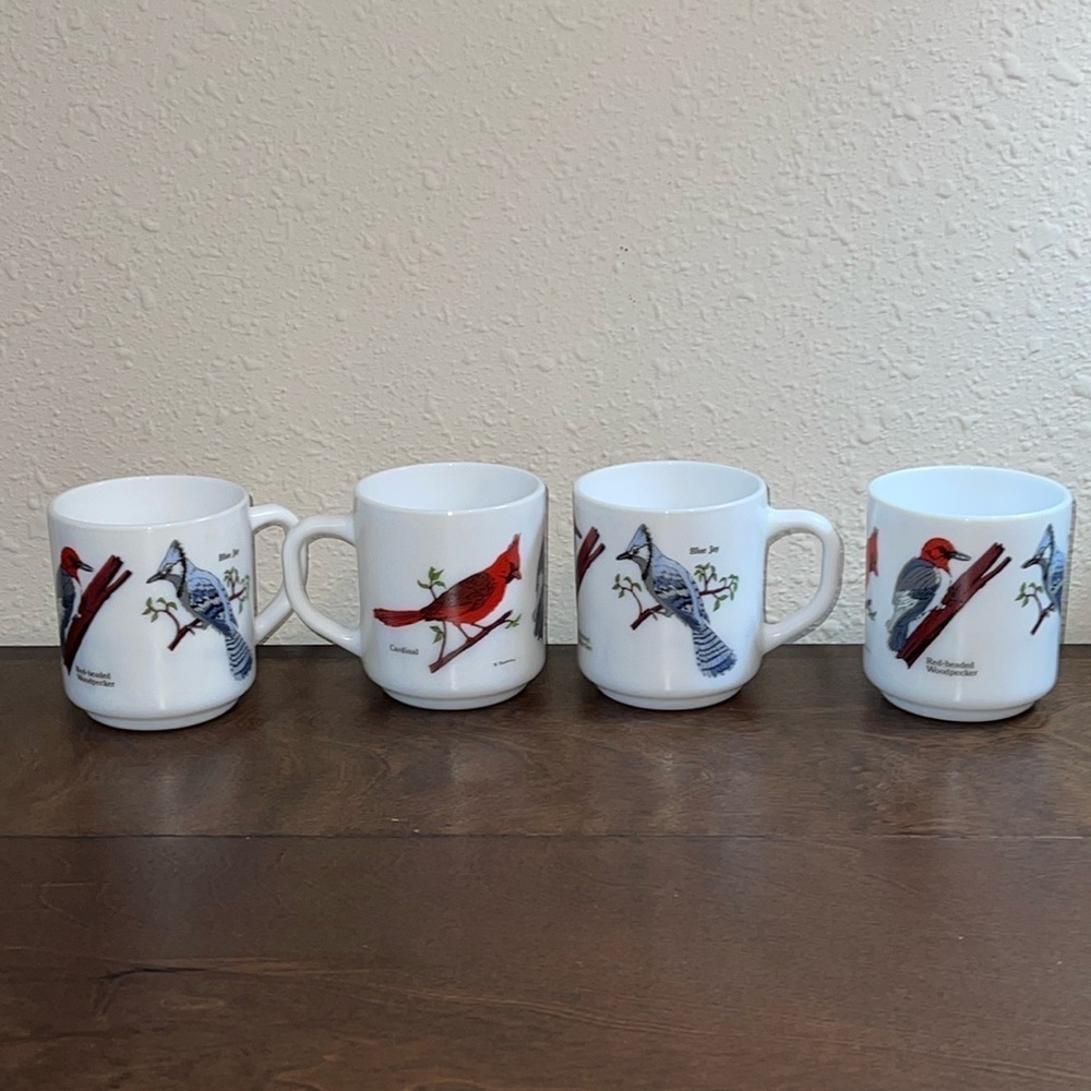 4 cups w/ Cardinals Blue Birds Red headed woodpecker